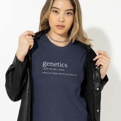 genetics-what-you-blame-all-of-your-flaws-on-navy-t-shirt-mockup-of-a-woman-posing-with-a-serious-look-and-a-leather-jacket