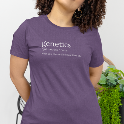 genetics-what-you-blame-all-of-your-flaws-on-team-purple-t-shirt-mockup-of-a-curly-haired-woman-wearing-a-bella-canvas-crewneck-tee