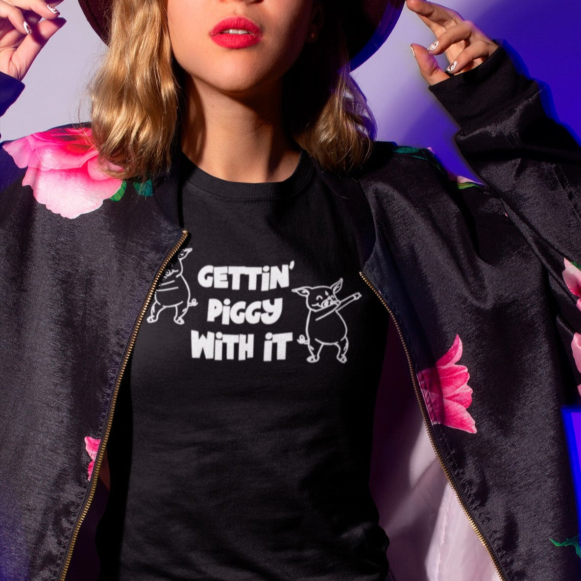 gettin-piggy-with-it-black-t-shirt-funny-dancing-pigs-mockup-featuring-a-pretty-girl-posing-in-a-hipster-style