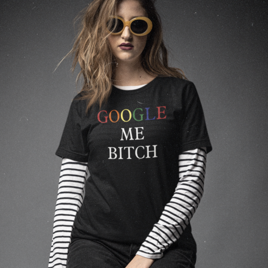 google-me-bitcht-shirt-mockup-featuring-a-woman-and-a-90s-grunge-aesthetic