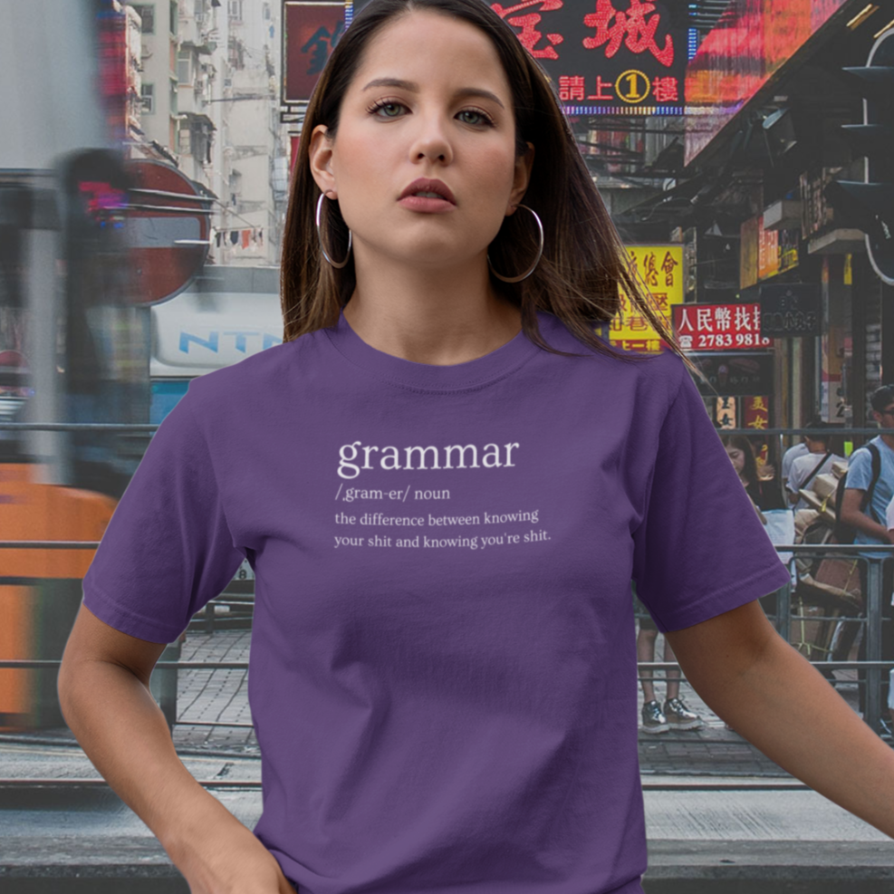 grammar-the-difference-between-knowing-your-shit-and-knowing-youre-shit-team-purple-t-shirt-unisex-tee-mockup-of-a-woman-posing-with-a-serious-look
