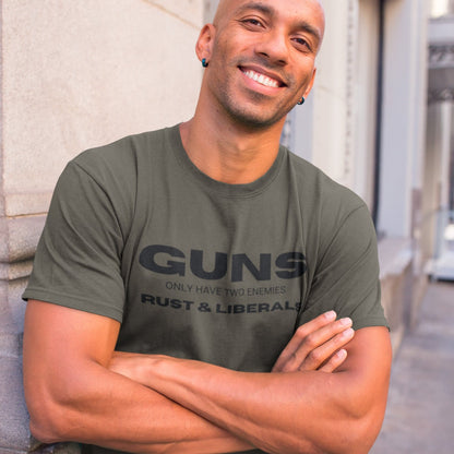 guns-only-have-two-enemies-rust-and-liberals-army-green-t-shirt-2a-second-amendment-mockup-of-a-smiling-man-wearing-a-tee-on-the-street
