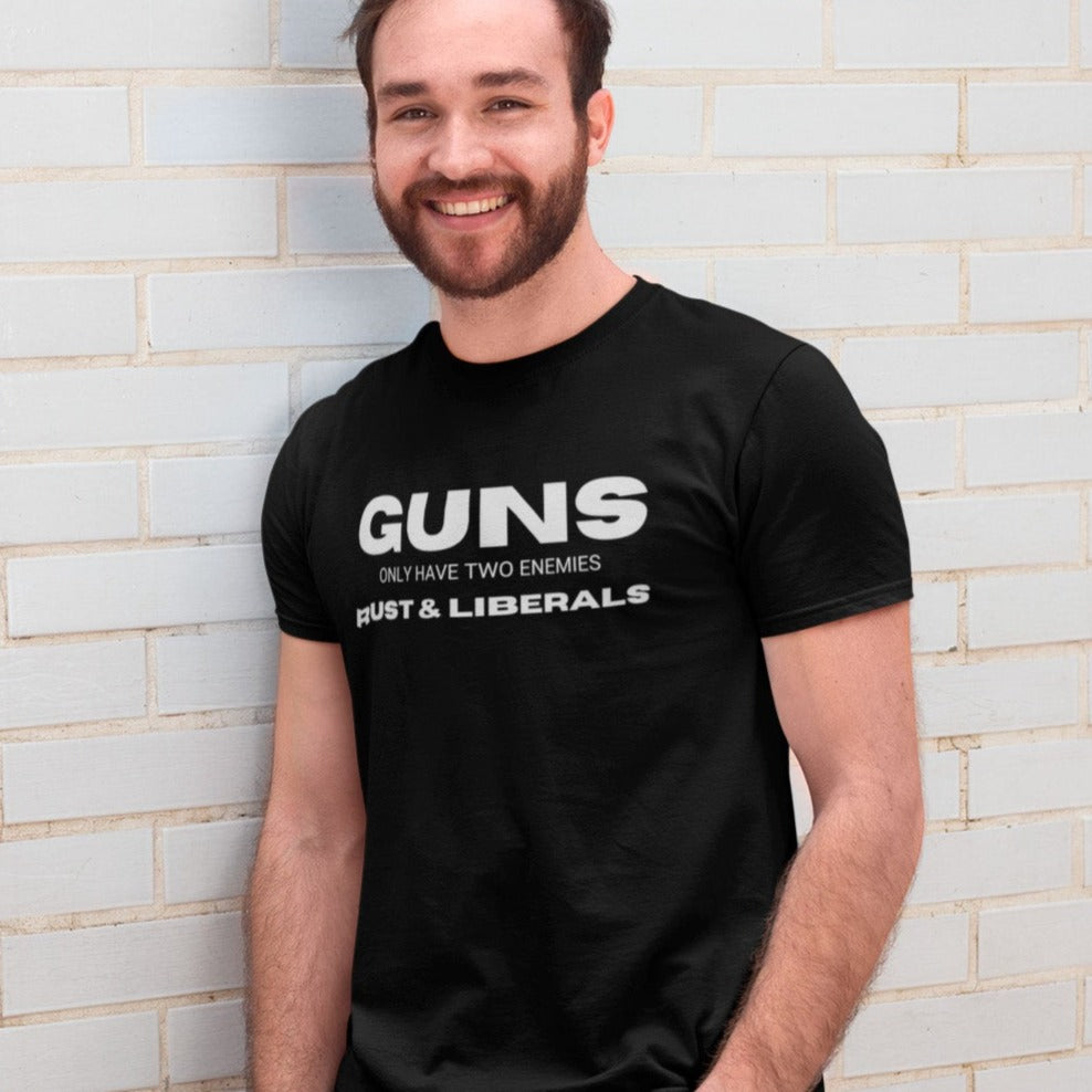 guns-only-have-two-enemies-rust-and-liberals-heather-navy-t-shirt-2a-second-amendment-mockup-of-a-young-man-leaning-against-a-white-wall