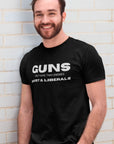 guns-only-have-two-enemies-rust-and-liberals-heather-navy-t-shirt-2a-second-amendment-mockup-of-a-young-man-leaning-against-a-white-wall