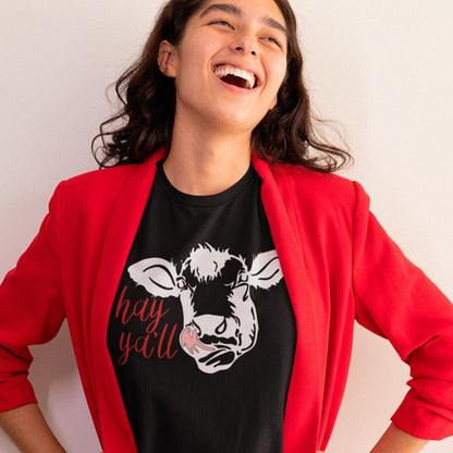 hey-yall-black-t-shirt-cow-womens-mockup-of-a-woman-wearing-a-red-blazer