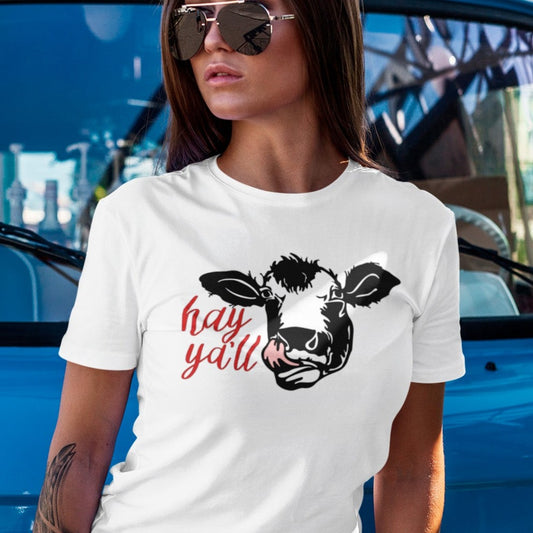 hey-yall-white-t-shirt-cow-womens-mockup-featuring-a-woman-leaning-on-a-vintage-van
