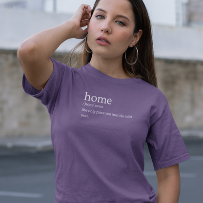 home-the-only-place-you-trust-the-toilet-seat-team-purple-t-shirt-unisex-tee-mockup-featuring-a-beautiful-woman-looking-towards-the-camera