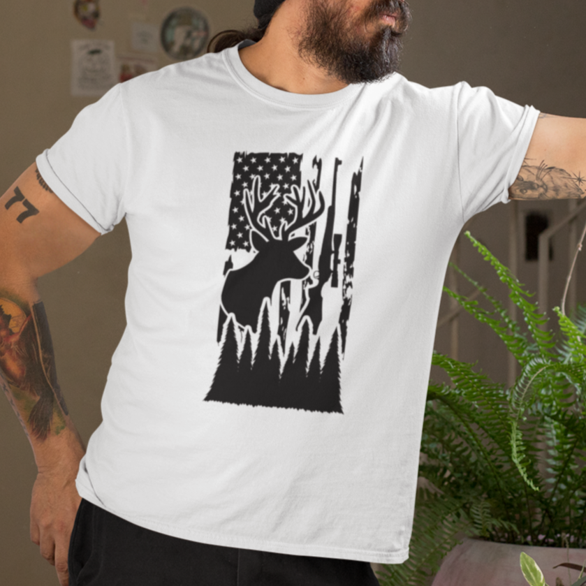 hunters-flag-white-shirt-hunting-mockup-of-a-man-wearing-a-customizable-t-shirt-and-looking-through-a-window