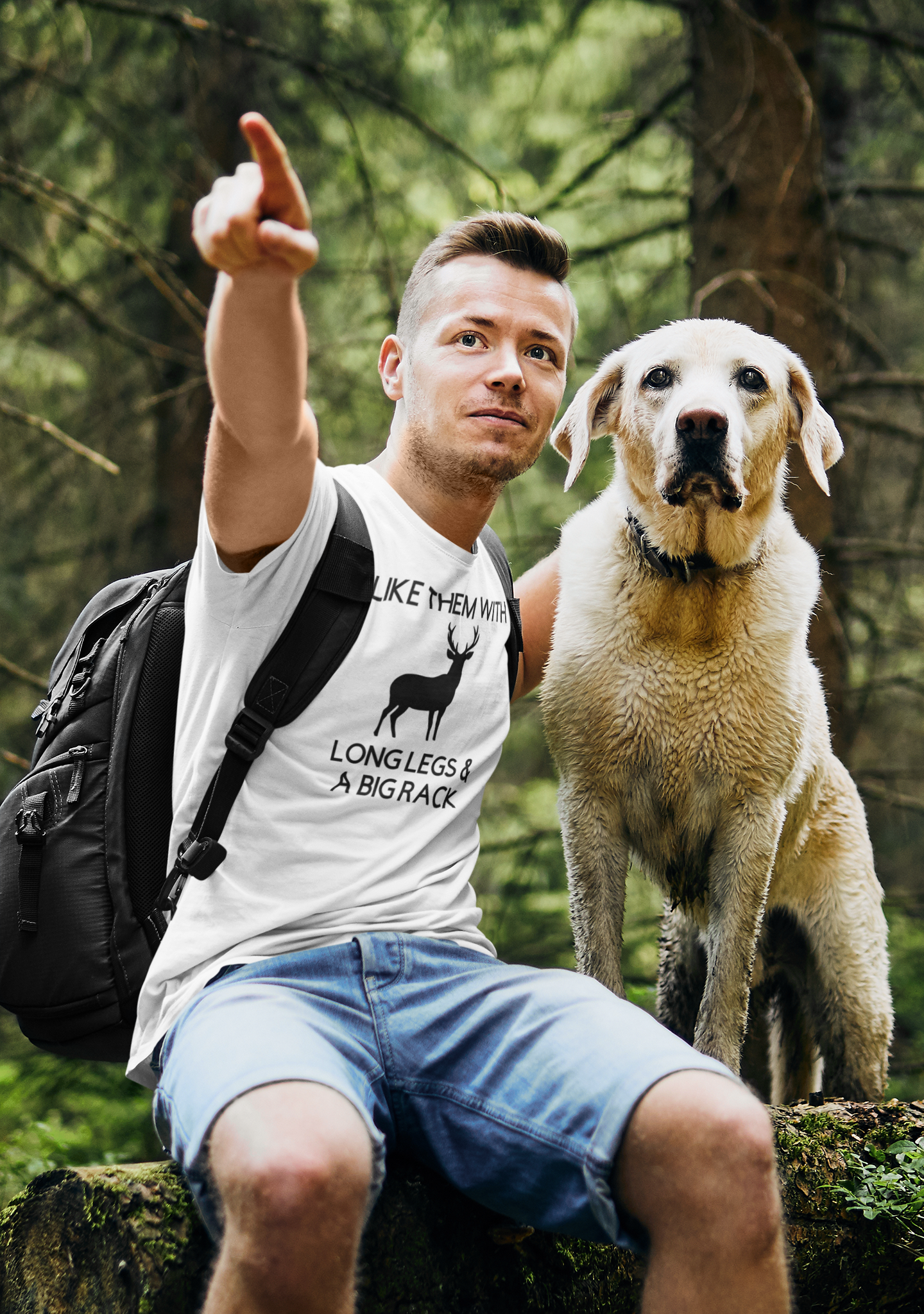 i-like-them-with-long-legs-and-a-big-rack-white-t-shirt-mockup-featuring-a-man-at-the-woods-with-his-dog