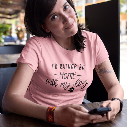 id-rather-be-home-with-my-dog-pink-t-shirt-animal-lover-woman-wearing-a-t-shirt-template-while-at-a-coffee-shop-checking-her-phone