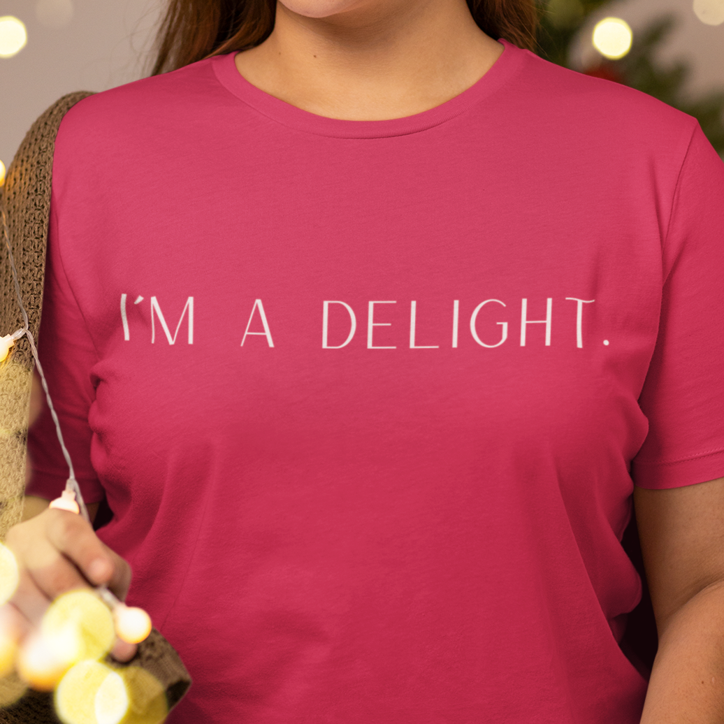im-a-delight-white-t-shirt-womens-funny-sarcastic-bella-canvas-tee-mockup-of-a-woman-posing-with-christmas-lights