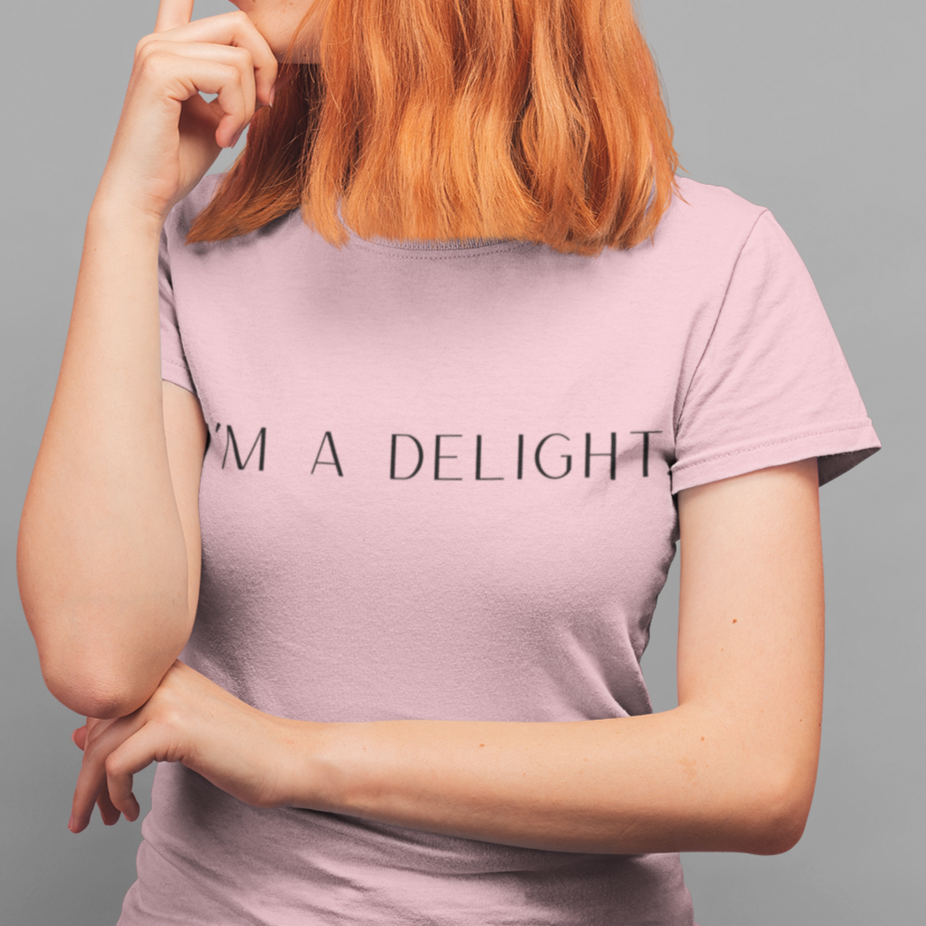 im-a-delight-pink-t-shirt-womens-funny-sarcastic-round-neck-tee-mockup-of-a-redhead-girl-touching-her-nose