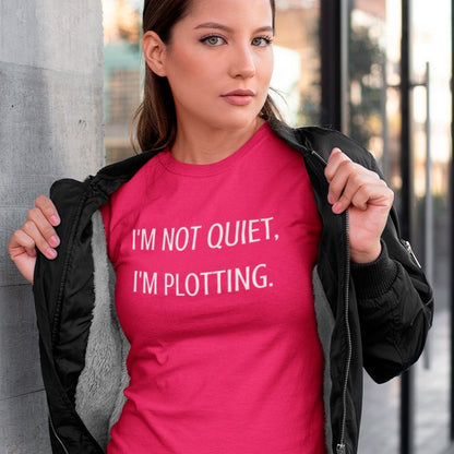 im-not-quiet-im-plotting-berry-t-shirt-funny-humor-mockup-of-a-woman-showing-off-the-t-shirt-under-her-bomber-jacket