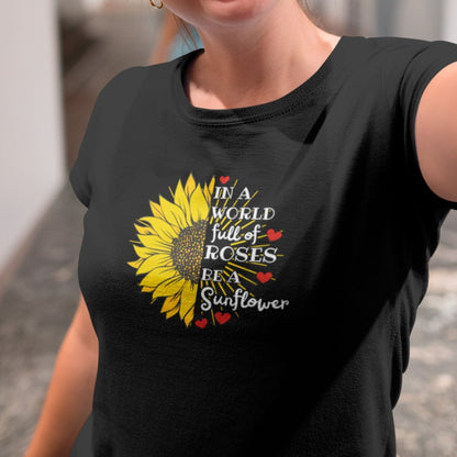 in-a-world-full-of-roses-be-a-sunflower-black-t-shirt-womens-selfie-of-a-girl-wearing-a-t-shirt-mockup-at-a-museum