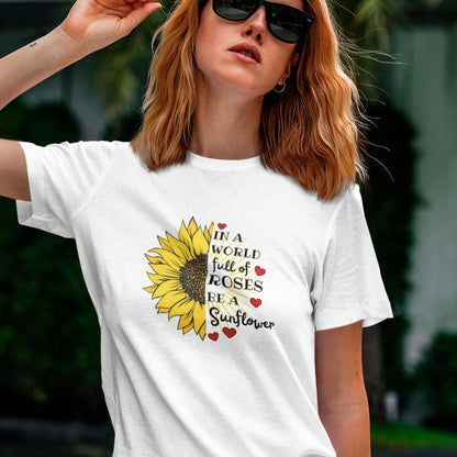 in-a-world-full-of-roses-be-a-sunflower-white-t-shirt-womens-mockup-featuring-a-cool-woman-with-sunglasses