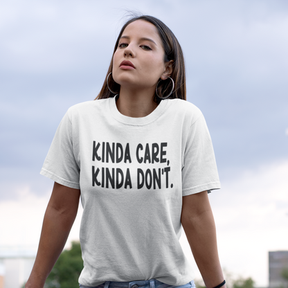 kinda-care-kinda-dont-white-t-shirtmockup-of-a-woman-on-a-shopping-cart-wearing-a-unisex-tee