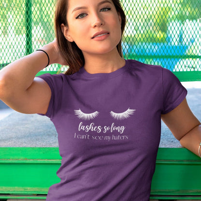 lashes-so-long-i-cant-see-my-haters-team-purple-t-shirt-womens-mockup-of-a-young-woman-fixing-her-hair