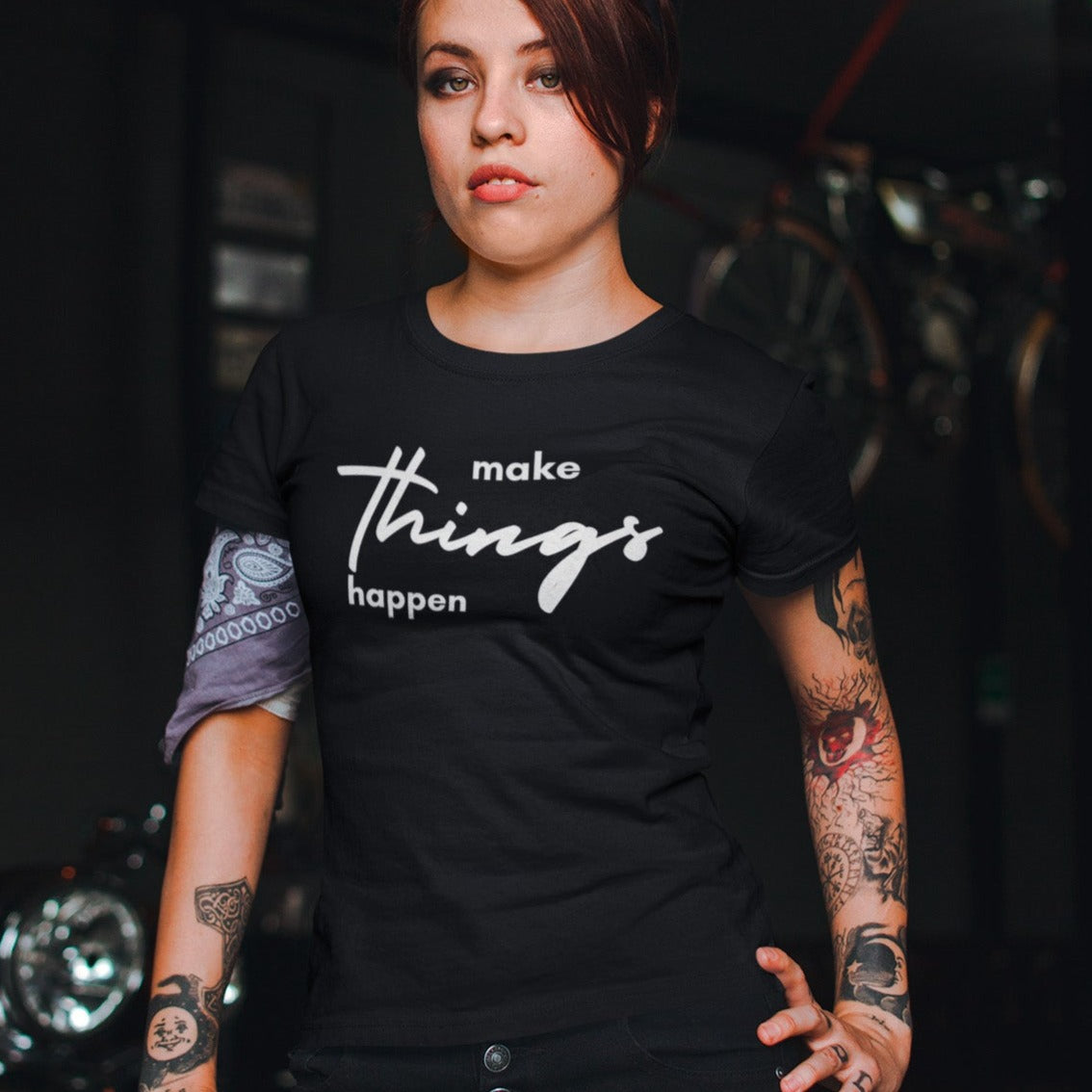 make-things-happen-black-t-shirt-women-inspiring-mockup-featuring-a-biker-woman-with-multiple-tattoos