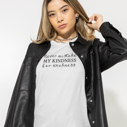 never-mistak-my-kindness-for-weakness-t-shirt-mockup-of-a-trendy-woman-posing-in-a-studio