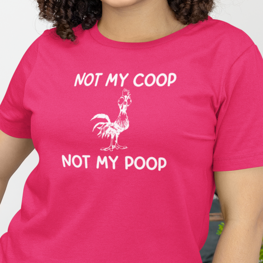 not-my-coop-not-my-poop-berry-t-shirt-chicken-funny-animal-bella-canvas-tee-mockup-featuring-a-smiling-woman-with-curly-hair