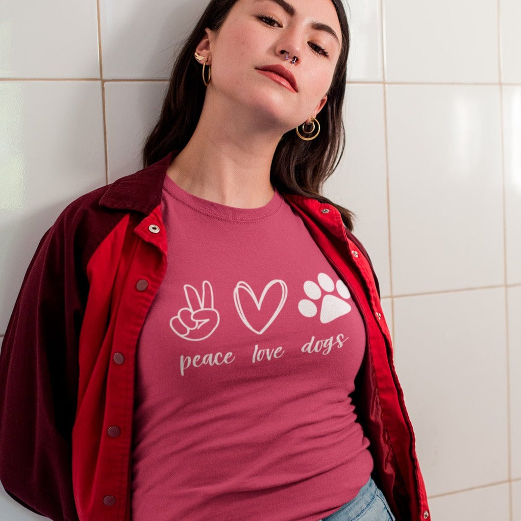 peace-love-dogs-berry-t-shirt-mockup-of-a-woman-wearing-a-tee-and-red-jacket