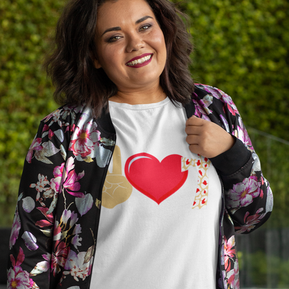 peace-love-jesus-white-t-shirt-religious-inspiring-plus-size-tee-mockup-featuring-a-joyful-woman-posing-in-front-of-a-leafy-background