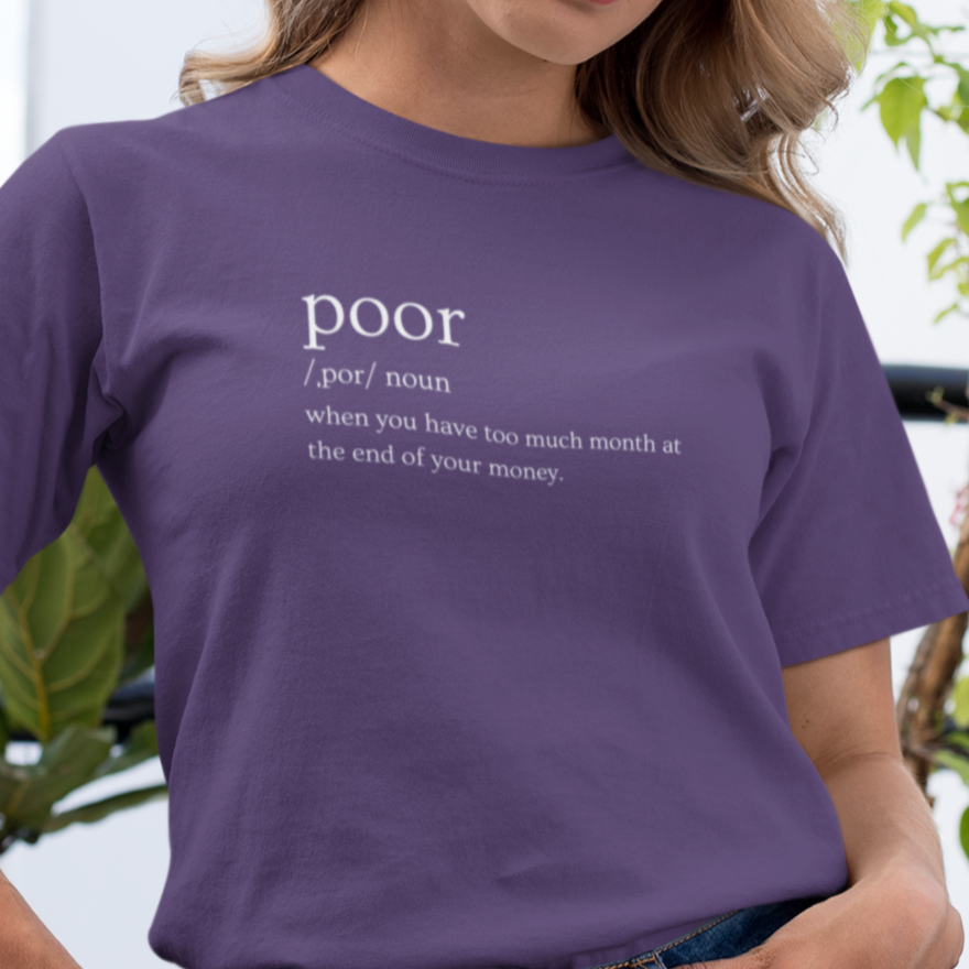 poor-when-you-have-too-much-month-at-the-end-of-your-money-team-purple-t-shirt-tee-mockup-of-a-girl-with-a-coy-smile-by-a-balcony