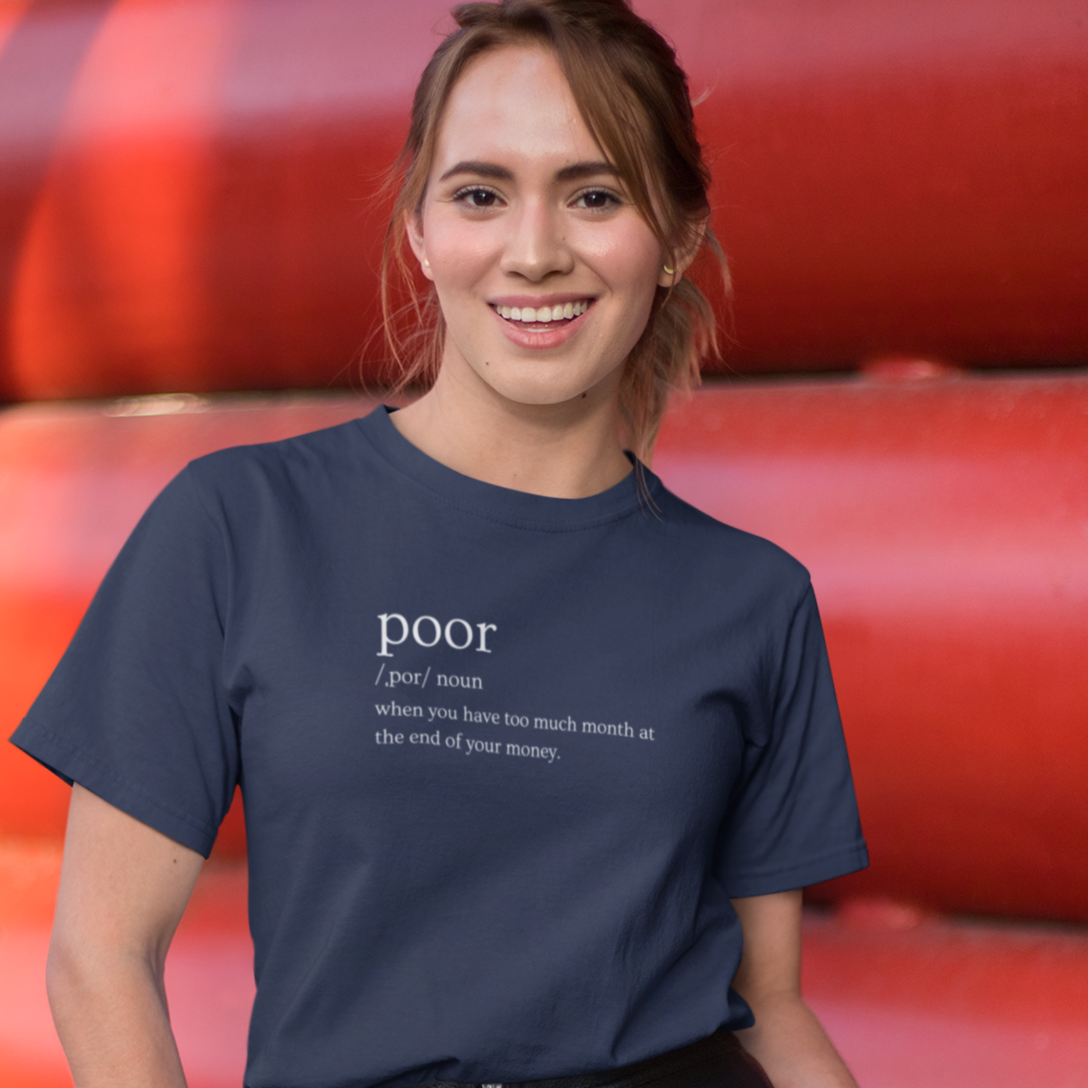 poor-when-you-have-too-much-month-at-the-end-of-your-money-team-purple-t-shirt-tee-mockup-of-a-smiling-woman-standing-in-front-of-a-red-structure