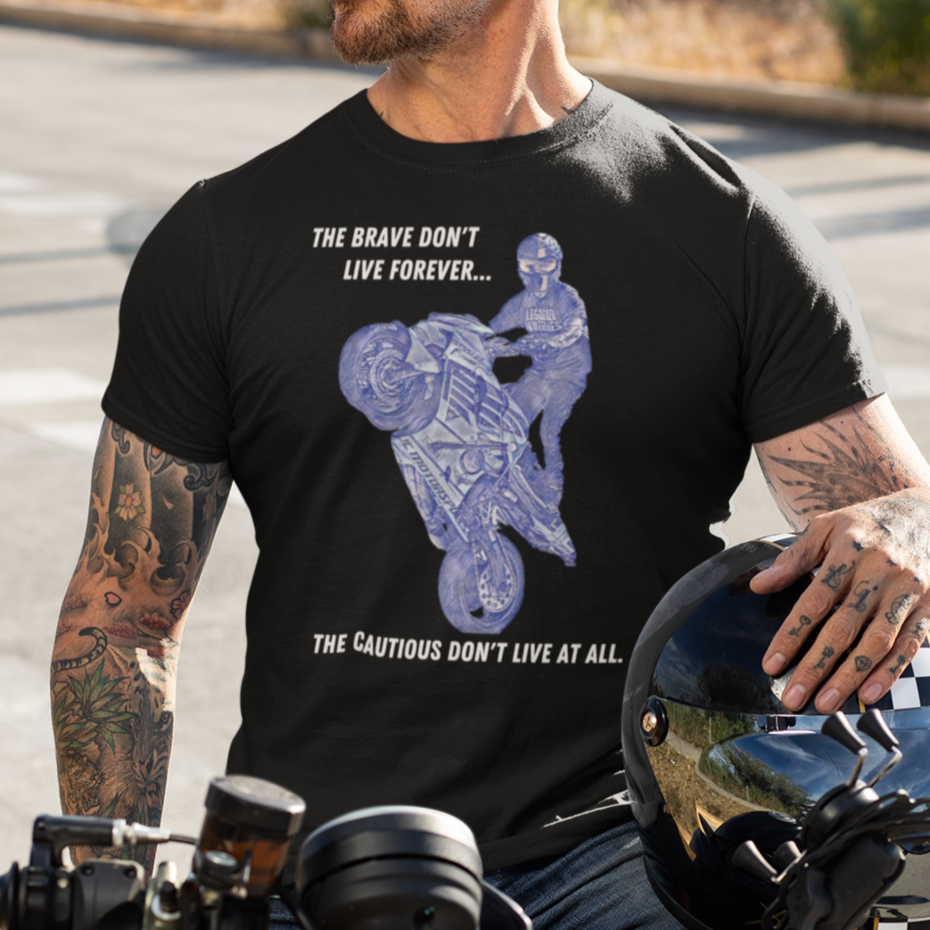 the-brave-dont-live-forever-black-t-shirt-mockup-featuring-a-man-on-his-motorcycle