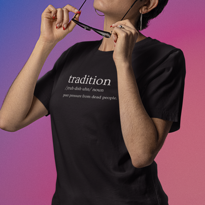 tradition-definition-peer-pressure-from-dead-people-team-purple-t-shirt-bella-canvas-tee-mockup-featuring-a-woman-taking-off-her-sunglasses