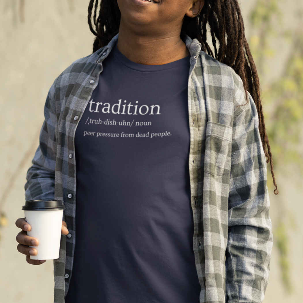 tradition-definition-peer-pressure-from-dead-people-navy-t-shirt-mockup-of-a-chilled-man-wearing-a-tee-and-holding-a-coffee