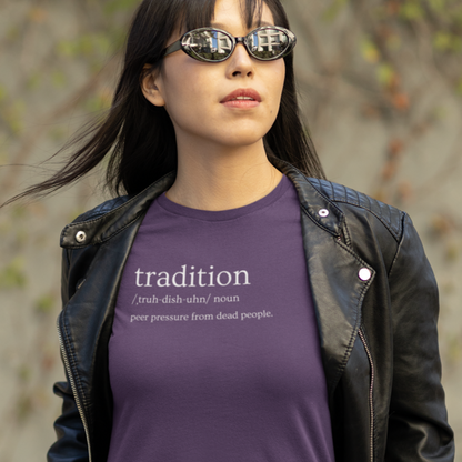 tradition-definition-peer-pressure-from-dead-people-team-purple-t-shirtt-mockup-featuring-a-young-woman-with-a-cool-vibe