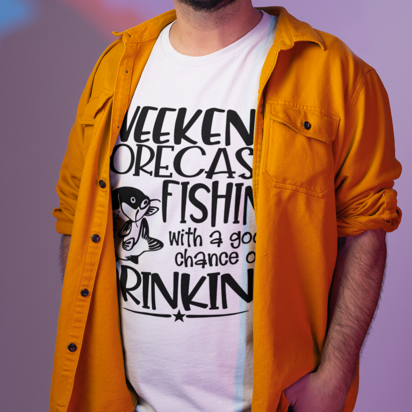 weekend-forecast-fishing-with-a-good-chance-of-drinking-white-t-shirt-round-neck-tee-mockup-of-a-smiling-man-with-short-hair-at-a-studio