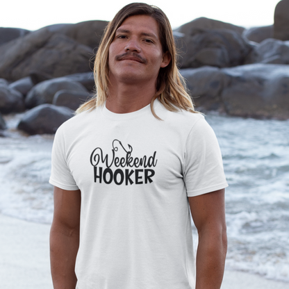 weekend-hooker-white-t-shirt-mockup-of-a-blonde-long-haired-man-barefoot-at-the-beach