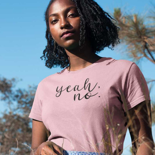 yeah-no-pink-t-shirt-womens-mockup-of-a-girl-wearing-a-t-shirt-and-a-dress-while-outdoors