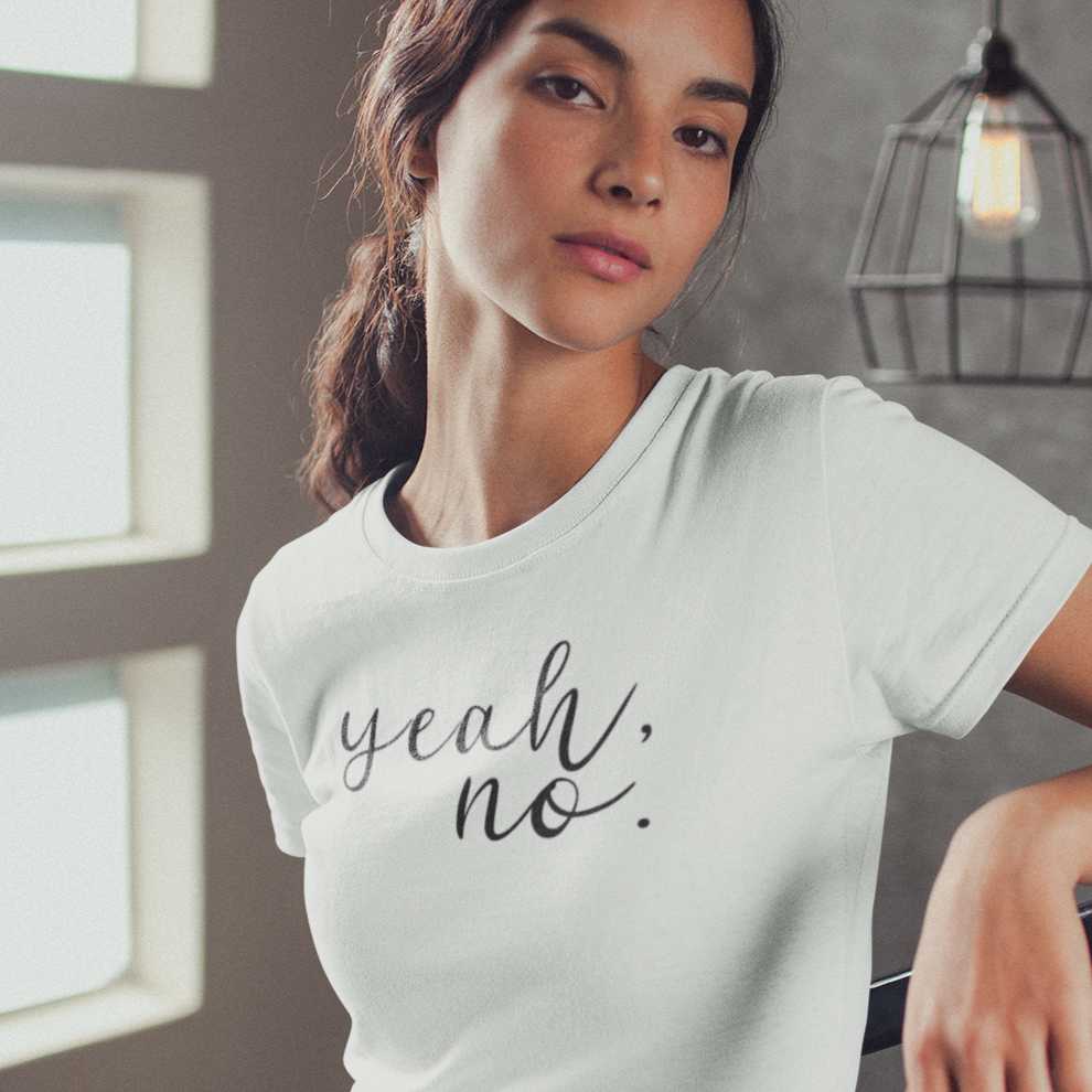 yeah-no-white-t-shirt-womens-girl-wearing-a-t-shirt-mockup-leaning-on-a-handrail